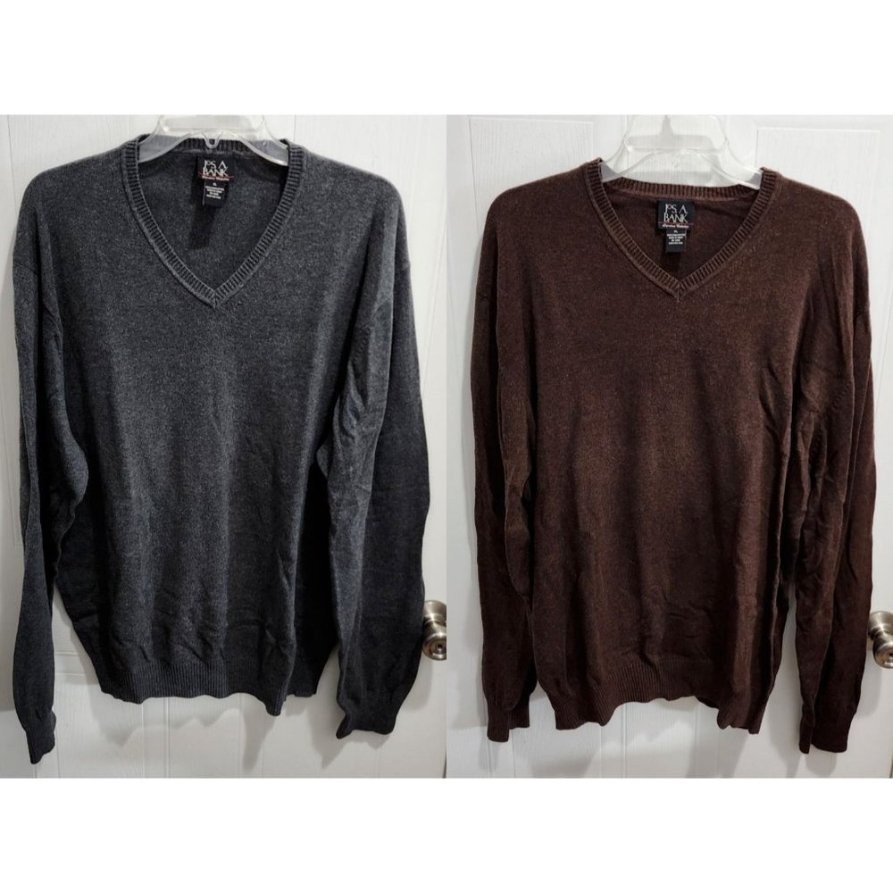 2x Jos A Bank Size XL V Neck Long Sleeve Sweaters 100% Pima Cotton Gray / Brown